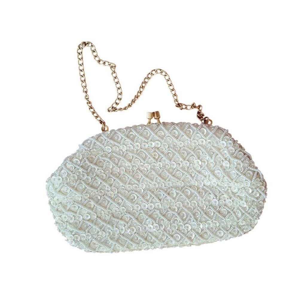 Vintage 60s Pocketbook Cream Ivory Sequin Hand Bag Gold Chain Kiss Lock